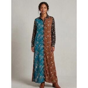 Natural Life Mixed Floral Patchwork Maxi Shirt Dress Long Sleeve Boho Size Small